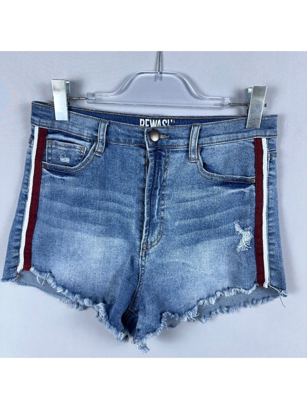 Rewash Womens Distressed Denim Shorts Striped Sides Size 10 Frayed Hem Blue